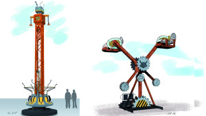 Konzeptgrafiken zu "Crash" und "AirObot" im FORT FUN Abenteuerland