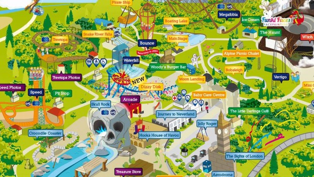 Lageplan Oakwood Theme Park mit neuer Attraktion Dizzy Disk