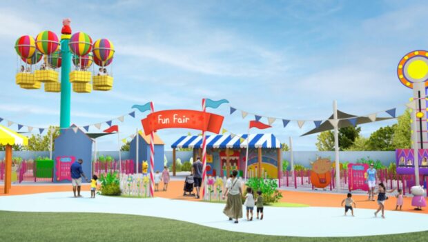 Der Jahrmarkt im Peppa Pig Theme Park Florida mitsamt Balloon Ride und High Striker