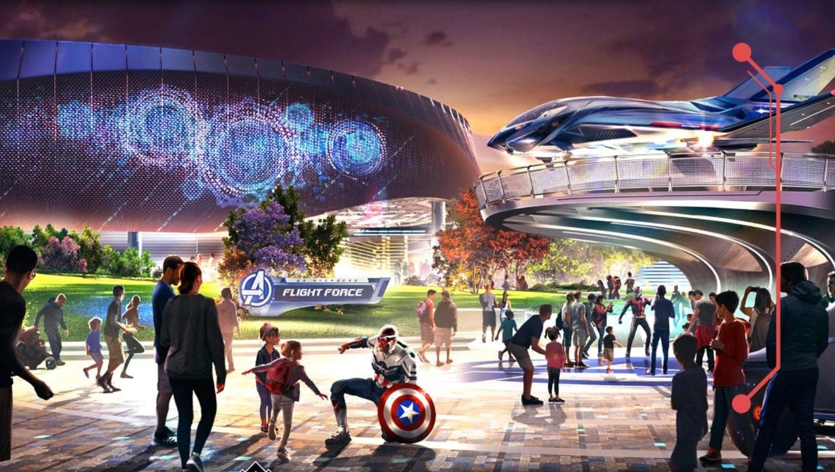 Das Konzept zeigt den Hauptplatz des Avengers Campus im Disneyland Paris samt Quinjet