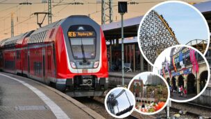 Collage zum 9-Euro-Ticket mit Freizeitparks und Zug