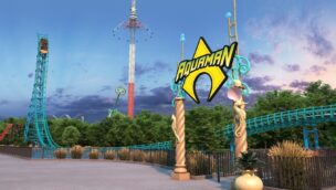 Ein Konzept der Wasser-Achterbahn Aquaman: Power Wave in Six Flags Over Texas