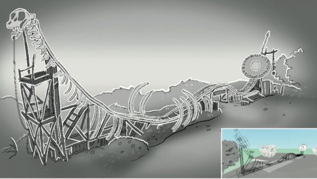 Eine Konzeptzeichnung des Fahrgeschäfts "Spinosaurus" in Djurs Sommerland
