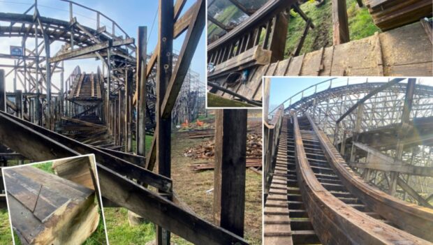 Collage mit Bildern der Renovierung der Holzachterbahn "Megafobia" im Oakwood Theme Park
